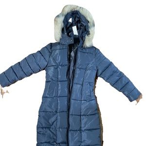 Teal blue calf length winter jacket. Tags still attached. Detachable hood